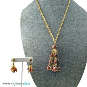 Vintage Hong Kong Pink Green Beaded Tassel Pendant Necklace Set